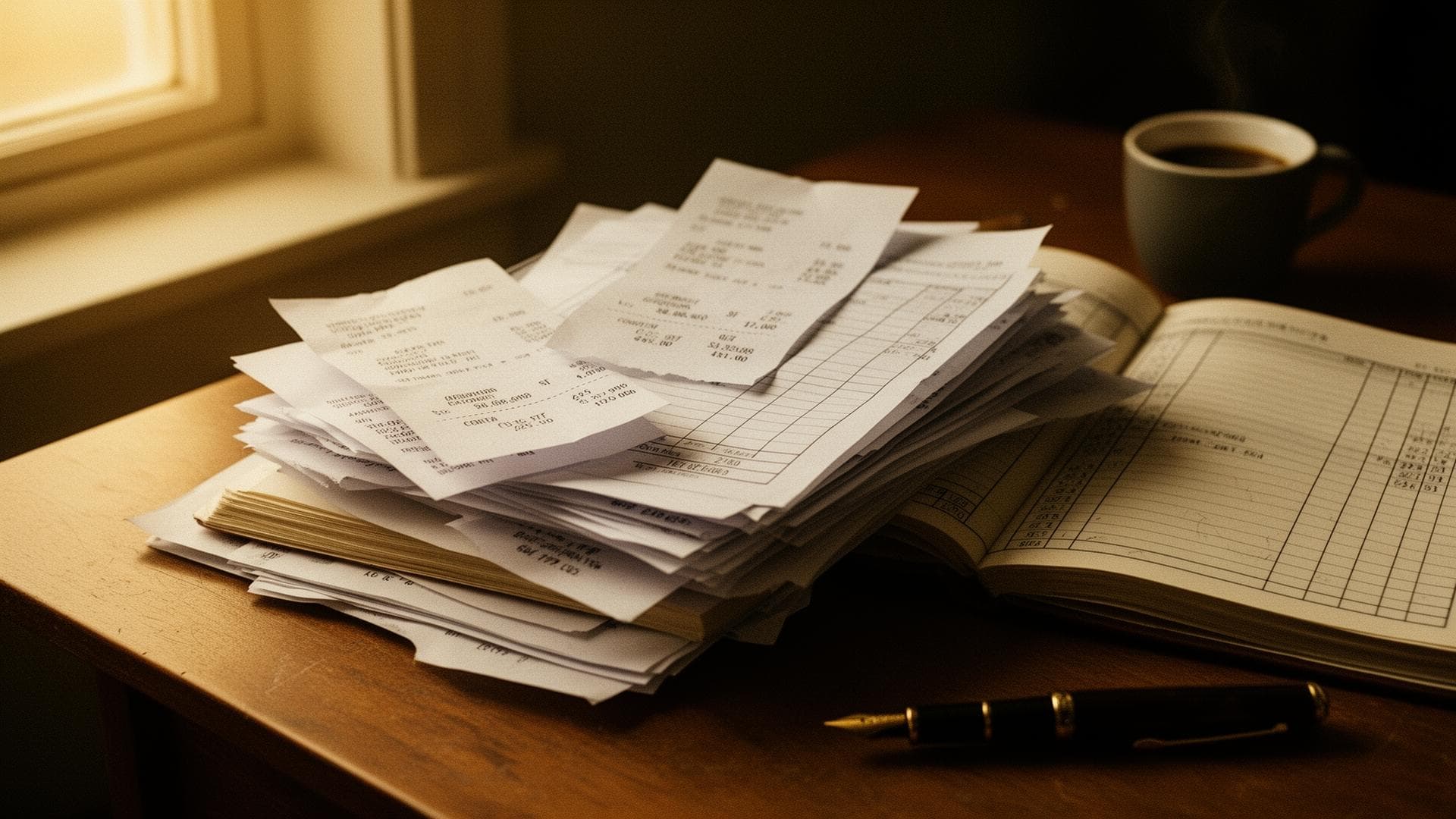 Stack of paper invoices and a ledger book on a desk