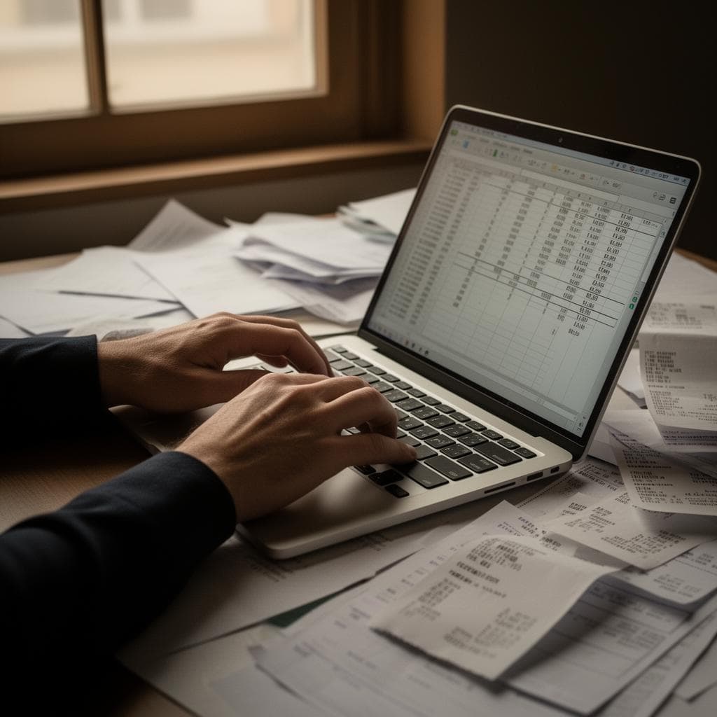 Hands typing invoice numbers into a spreadsheet